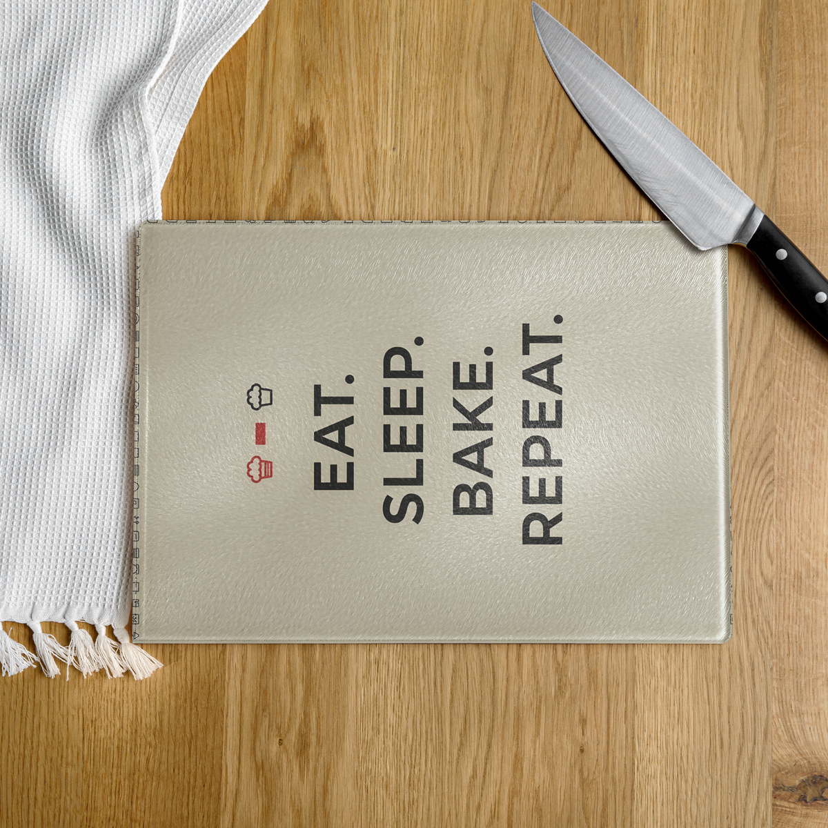 Eat, Sleep, Bake, Repeat Glass Cutting Board Kitchen & Baking Gear > Cutting Boards ZomaModa