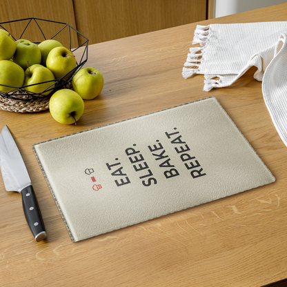 Eat, Sleep, Bake, Repeat Glass Cutting Board Kitchen & Baking Gear > Cutting Boards ZomaModa