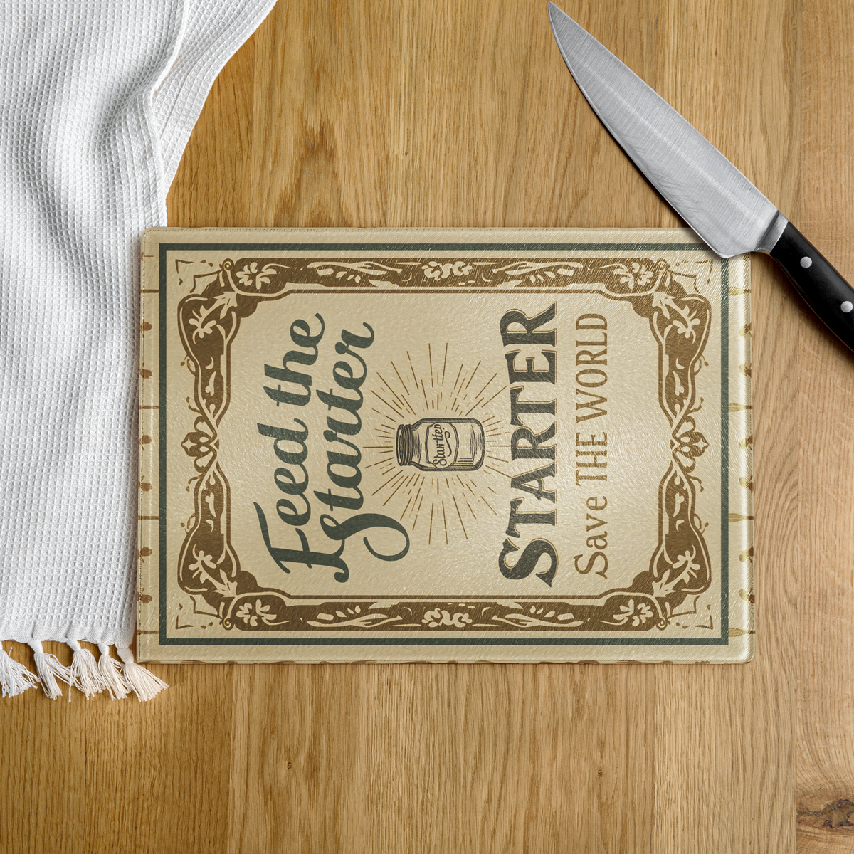 Feed the Starter, Save the World Glass Cutting Board Kitchen & Baking Gear > Cutting Boards ZomaModa